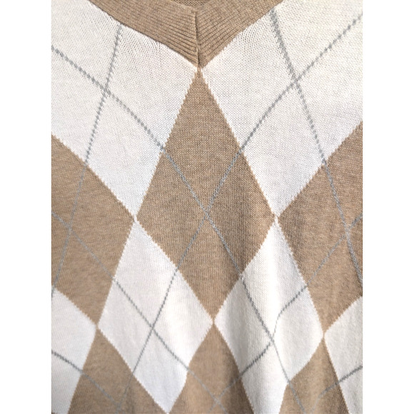 Tommy Hilfiger V-Neck Long Sleeve Sweater Women's Large Tan White Argyle - Picture 2 of 4